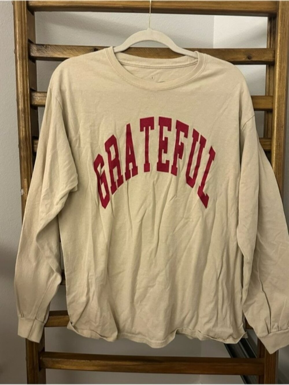 Grateful Long Sleeve Tee - Beige with Red Lettering